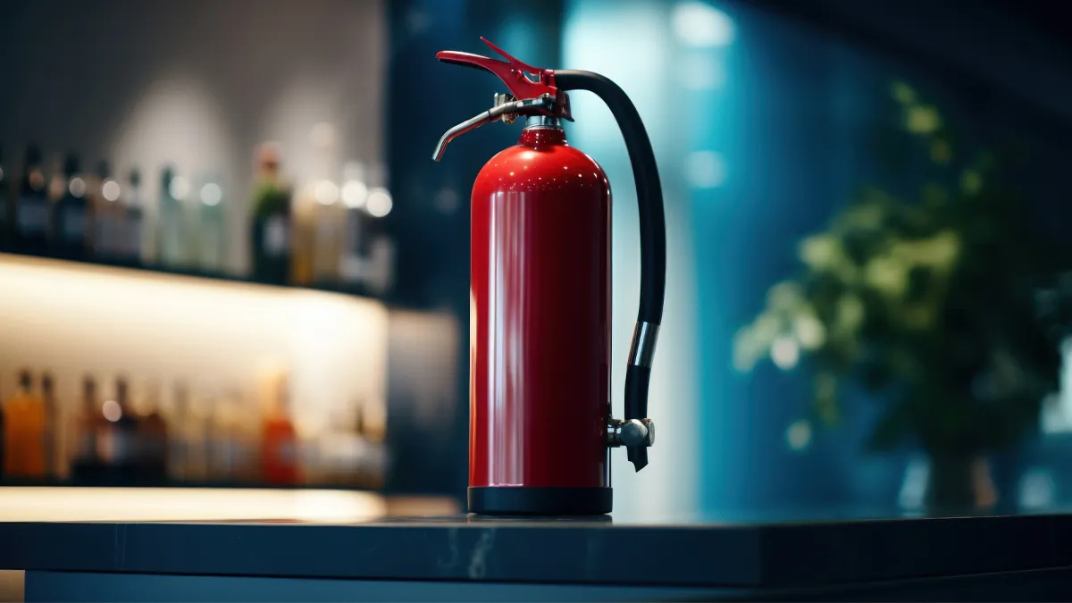 A red fire extinguisher standing on a countertop
