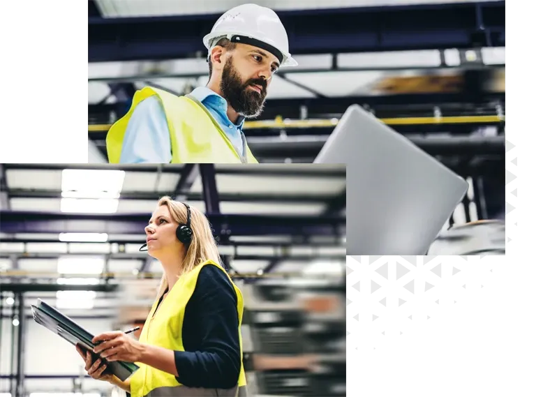 An engineer reviewing a laptop while another, wearing a headset, takes notes on site