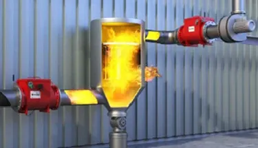 Explosion prevention equipment isolating equipment connected to an enclosed space